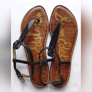 Sam Edelman Women Gigi Sandal Size 9 Black Leather Thong Slingback T-Strap Flat